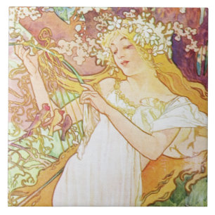 Alphonse Mucha Vår Blommigt Vintage Art nouveau Kakelplatta