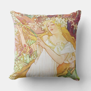 Alphonse Mucha Vår Blommigt Vintage Art nouveau Kudde