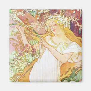 Alphonse Mucha Vår Blommigt Vintage Art nouveau Magnet