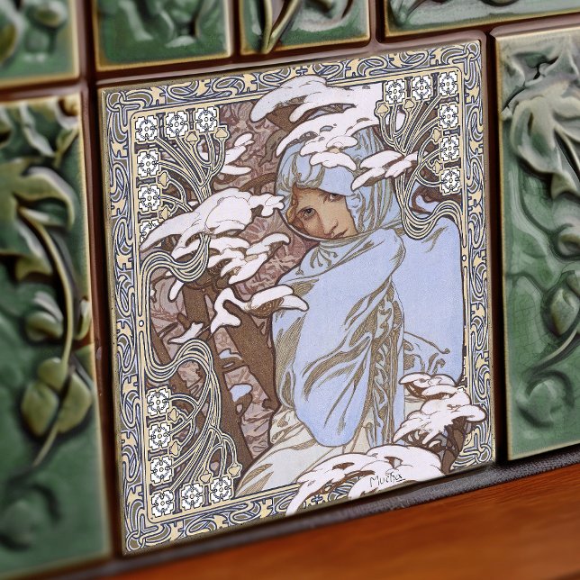 Alphonse Mucha Winter 4Seasons Art nouveau Vintage Kakelplatta (Skapare uppladdad)