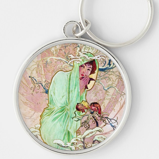 Alphonse Mucha Winter II Rund Silverfärgad Nyckelring (Framsidan)