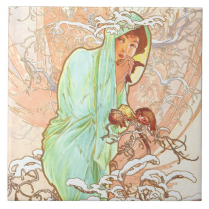 Alphonse Mucha Winter Vintage Art nouveau Painting Kakelplatta