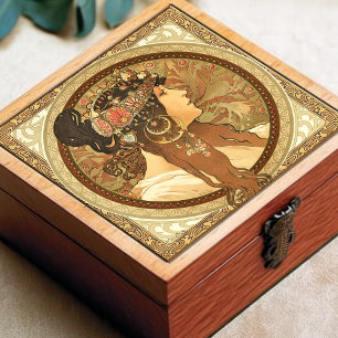Alphonse Mucha Woman Porträtt Art nouveau Vintage Kakelplatta