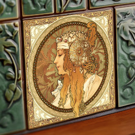 Alphonse Mucha Woman Porträtt Art nouveau Vintage Kakelplatta