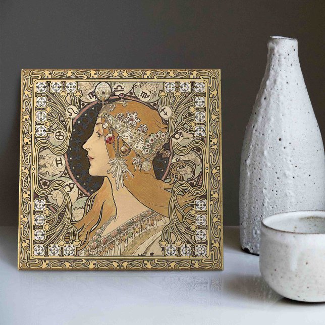 Alphonse Mucha ZODIAC 1896 Art nouveau Vintage Kakelplatta (Skapare uppladdad)