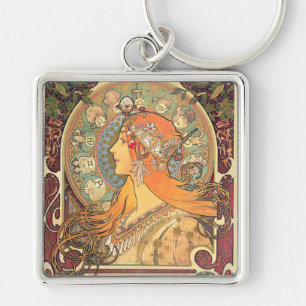Alphonse Mucha - Zodiac Fyrkantig Silverfärgad Nyckelring