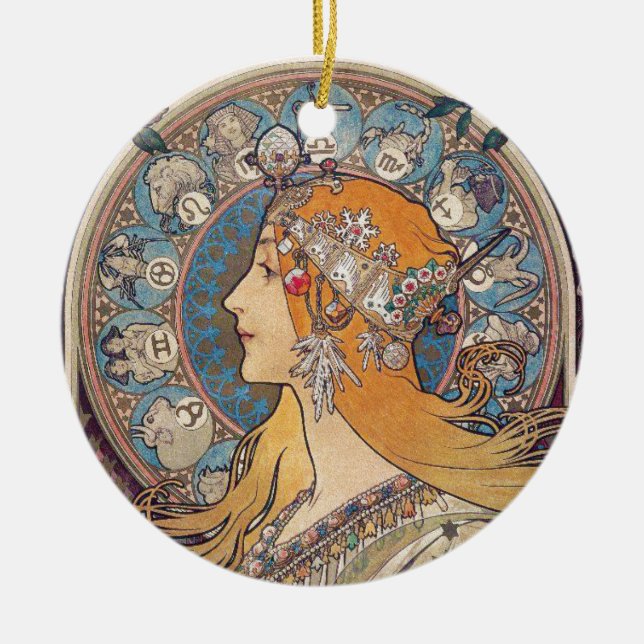 Alphonse Mucha , “Zodiac” Julgransprydnad Keramik (Framsidan)