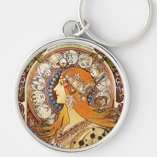 Alphonse Mucha Zodiac Rund Silverfärgad Nyckelring (Framsidan)