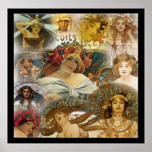 Alphonse Muchas ansikten Collage Vintage Affisch