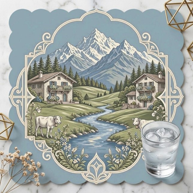 Alpin betesmark kor rustika berg snö underlägg papper (Alpine Country Grazing Cows Rustic Mountains Snow Paper Coaster)