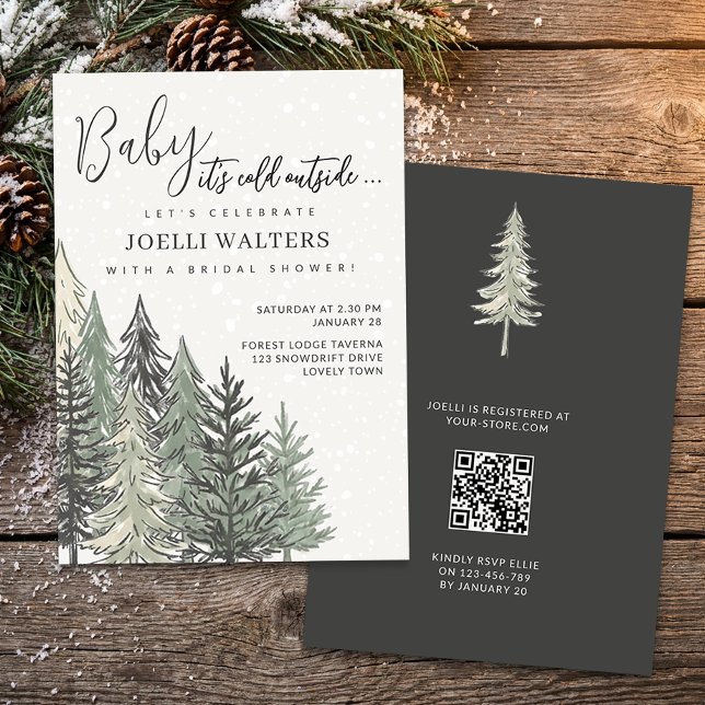 Alpin Chic Vinter Träd Bröllopsdusch Inbjudningar (Baby it's Cold Outside Snowy Forest Winter Bridal Shower Invitation by Darling & May)