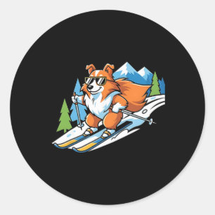 Alpin Corgi På Skidor Coola Solglasögon Vinterscen Runt Klistermärke
