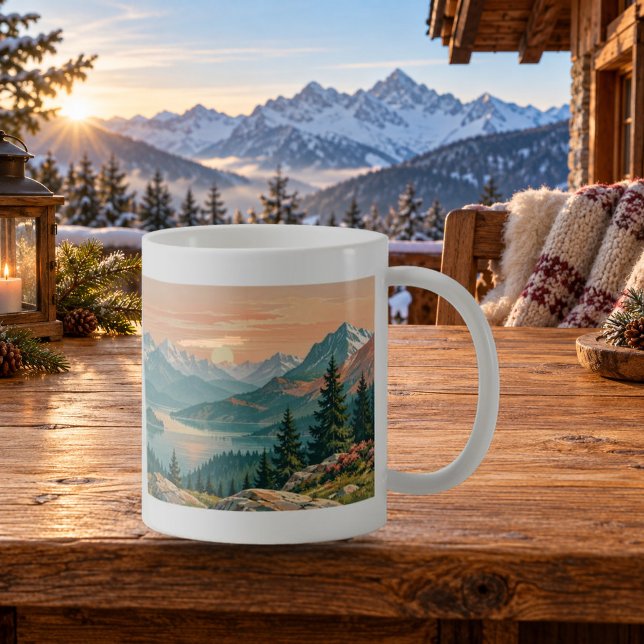Alpin gryning berglandskapskopp kaffemugg (Alpine Dawn Mountain Landscape Mug — refined lighting and contact shadows. Digital lifestyle preview.)