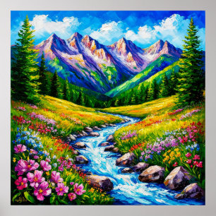 Alpin landskapsbild med blommande vilda blommor poster