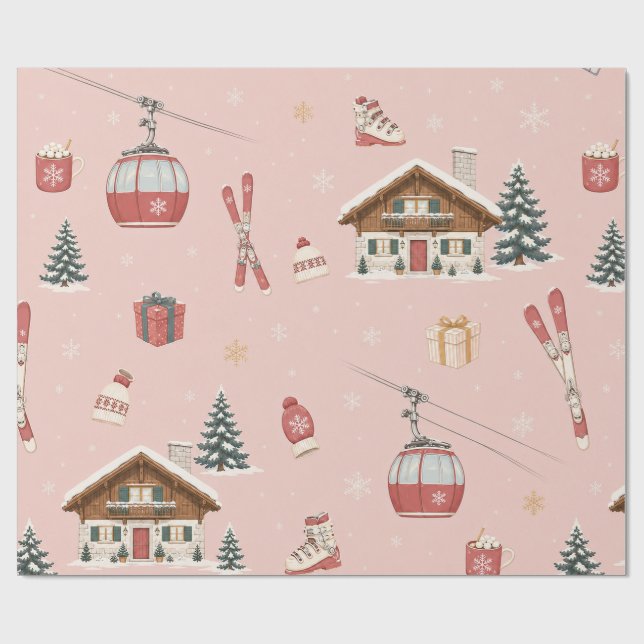 Alpin skidåkning jul rosé inslagspapper presentpapper (Platt)