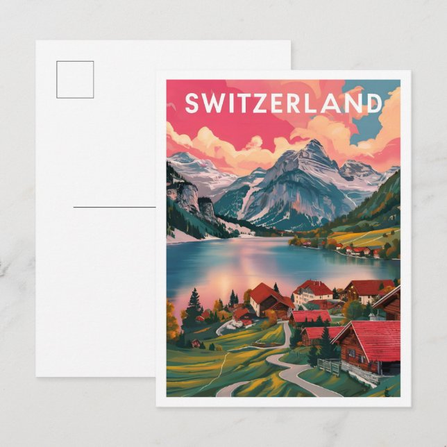 Alpina Schweiz Konst Resa Illustration Vykort (Fram/baksida)