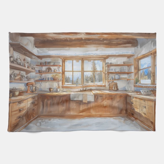 Alpine Chalet Kitchen with Snowy Mountain View Kökshandduk (Horisontell)