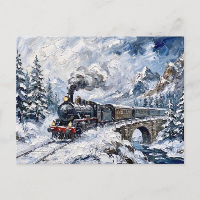 Alpine Express Ånglokståg Vinter Berg Konst Vykort (Framsida)