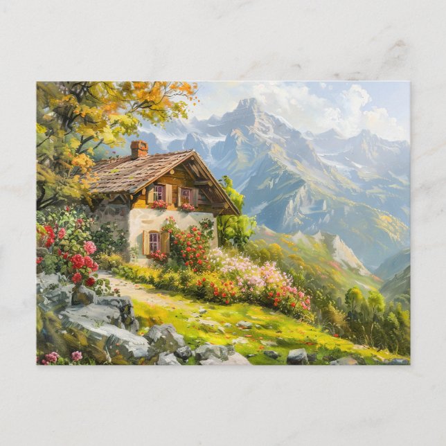 Alpine Farmhouse med Valley View Vykort (Framsida)