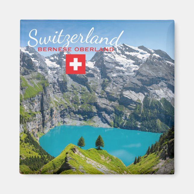 Alpine lake Oeschinensee in Switzerland with flag Magnet (Framsidan)