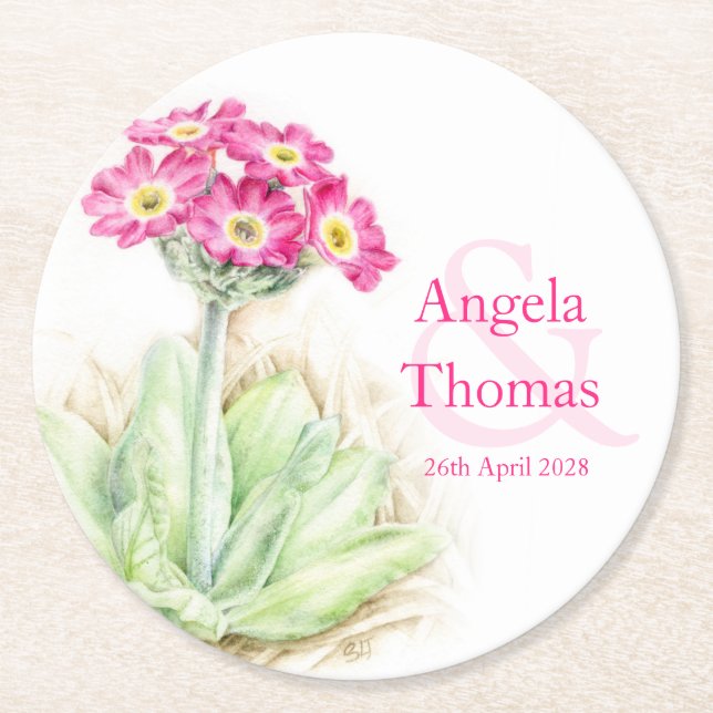 Alpine primula ping grönt bröllop underlägg papper rund (Framsidan)