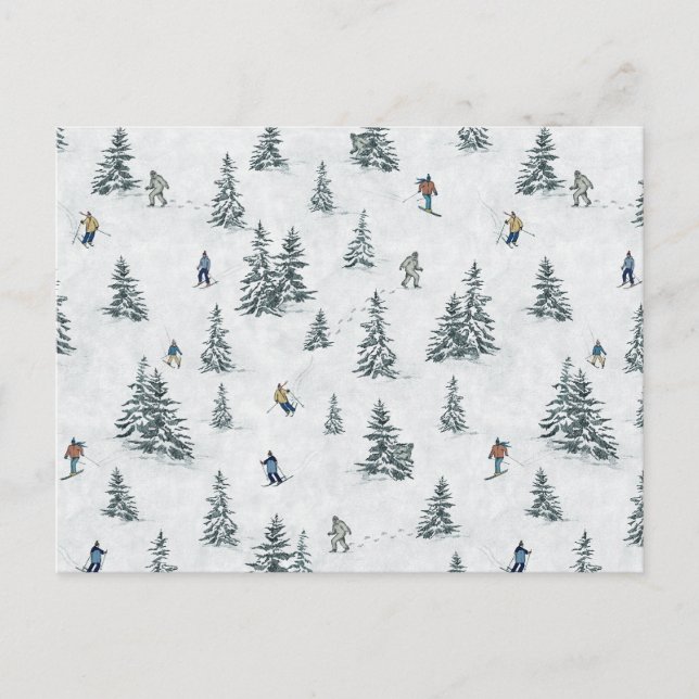 Alpine Skiers och Gömt Yetis - Downhill Skiing Vykort (Framsida)