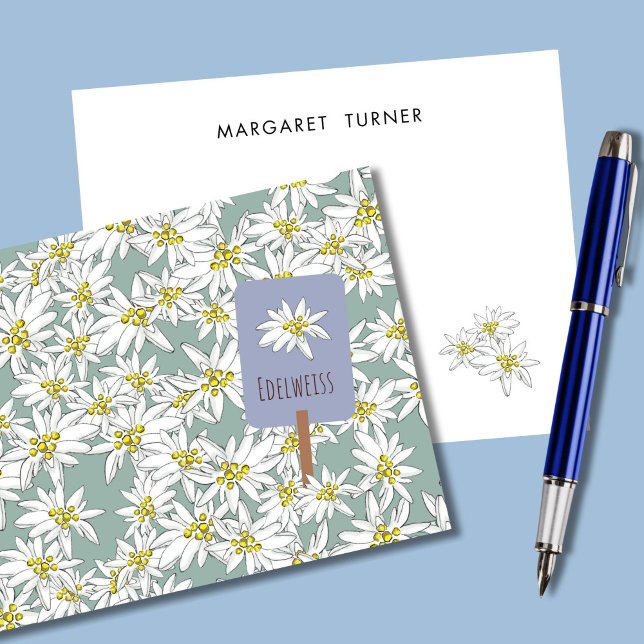 Alpint kärringtand Edelweiss Söt Boho Salvia Grön Tack Kort (This Edelweiss card is hand-illustrated with Alpine wildflowers and classic typography.)