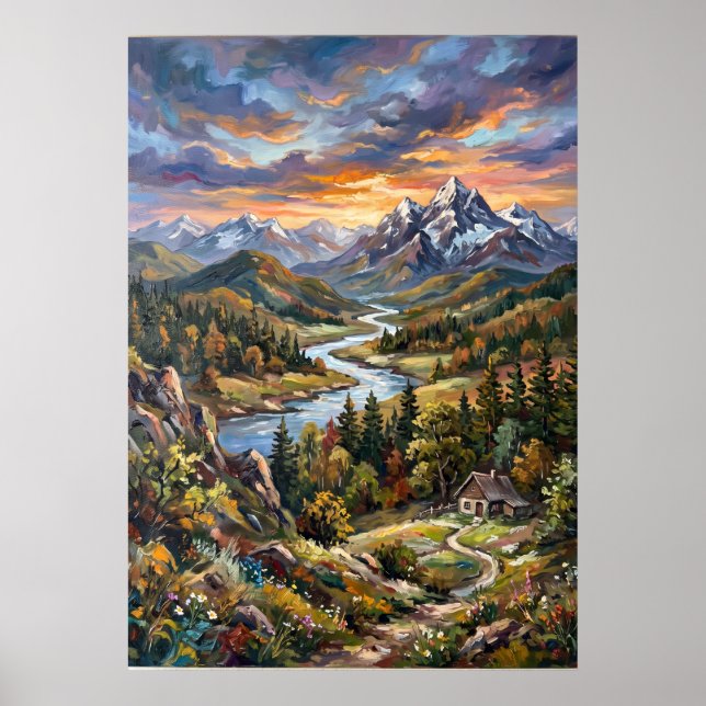 Alpisk floddal landskapsaffisch poster (Framsidan)