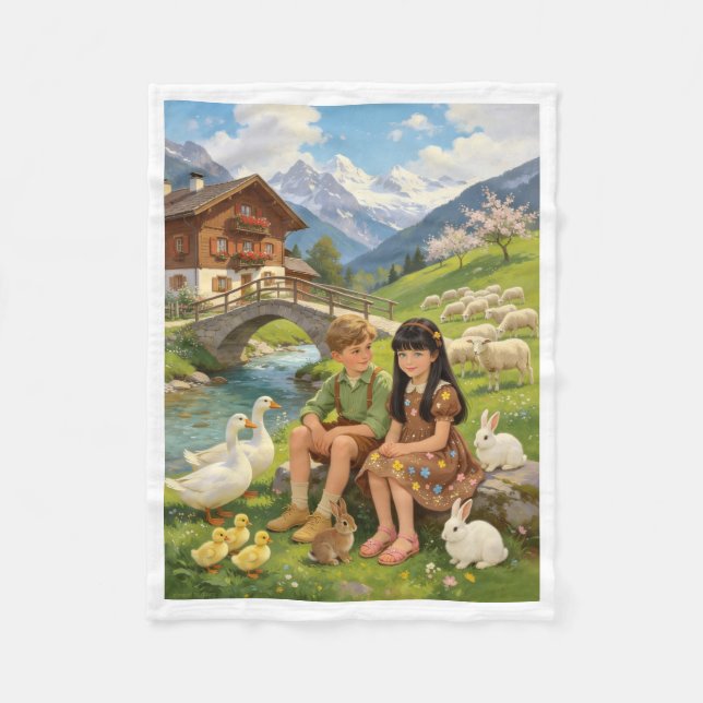 Alpiska barn och lantbruksdjur Flanellfilt Fleecefilt (Framsidan)