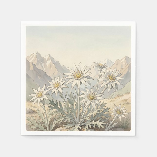 Alpiska Edelweissblommor Bergslandskap  Pappersservett (Framsidan)
