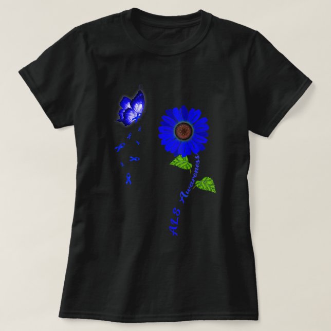 ALS Awareness Blue Butterfly Sunflower Ribbon  T Shirt (Design framsida)