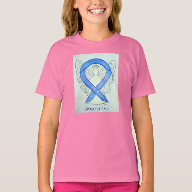 ALS Awareness Blue Ribbon Angel Anpassningsbar Shi Tee Shirt (Framsida)