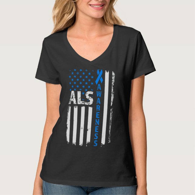Als Awareness Blue Ribbon US America Flagga 2022 T Shirt (Framsida)