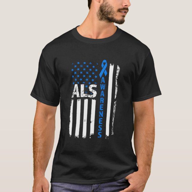 Als Awareness Blue Ribbon Us Flag T Shirt (Framsida)