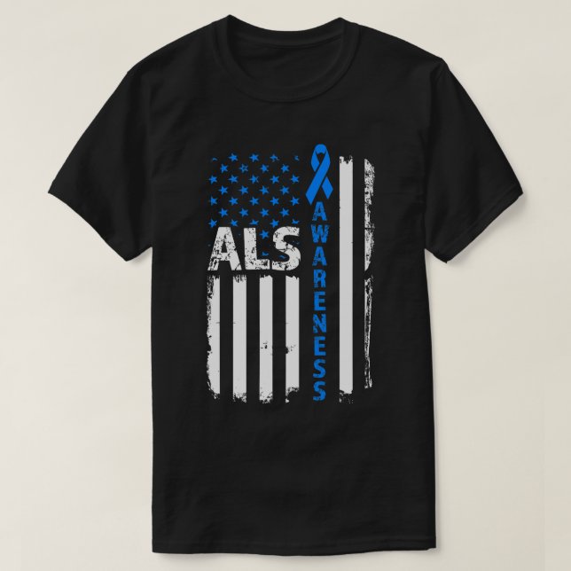 ALS Awareness Blue Ribbon US Flagga T Shirt (Design framsida)