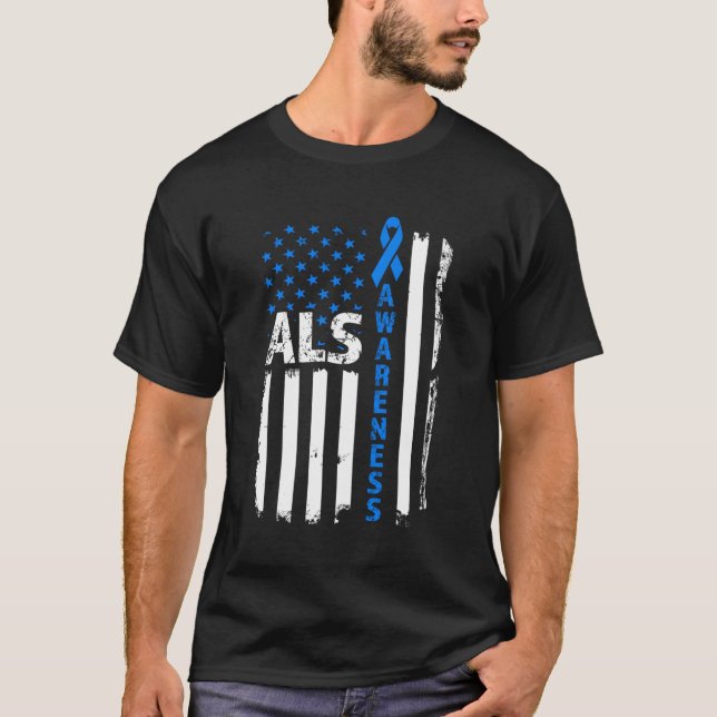 Als Awareness Blue Ribbon US Flagga T Shirt (Framsida)