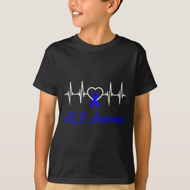 Als Awareness Heartslag Kärlek Blue Ribbon Support T Shirt (Framsida)