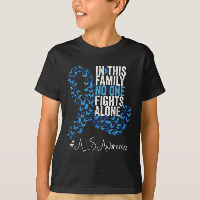 Als Awareness Month Blue Ribbon Butterflies T Shirt (Framsida)
