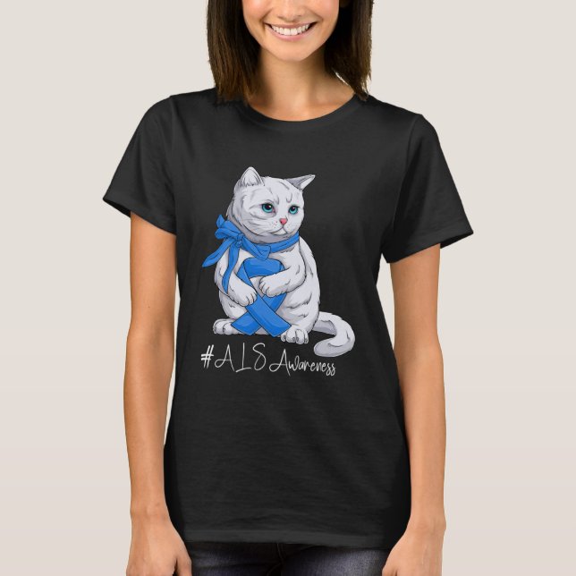 ALS Awareness Month Blue Ribbon Cat T Shirt (Framsida)