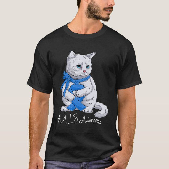 ALS Awareness Month Blue Ribbon Cat T Shirt (Framsida)
