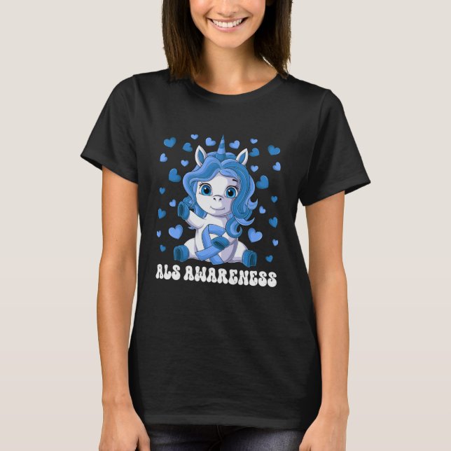 ALS Awareness Month Blue Ribbon Unicorn T Shirt (Framsida)