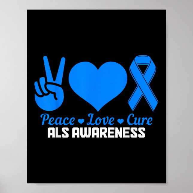 Als Awareness Month Peace Kärlek Cure Blue Ribbon Poster (Framsidan)