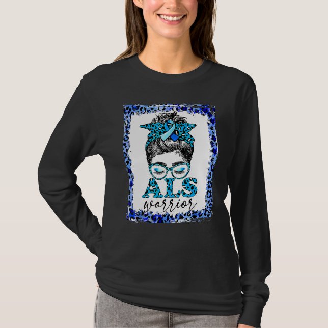 Als Warrior Leopard Messy Bun Als Awareness Month T Shirt (Framsida)