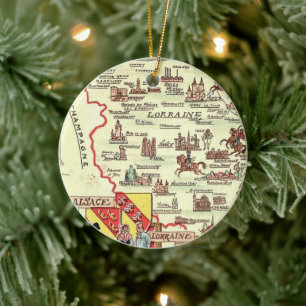 Alsace Lorraine Frankrike Illustrerad karta Julgransprydnad Keramik