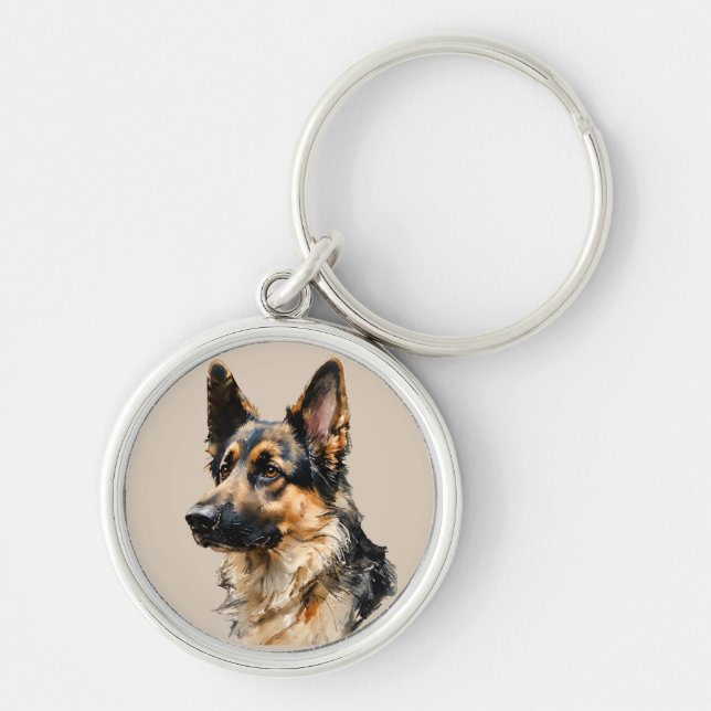 Alsatian Schäferhund Konst Design  Rund Silverfärgad Nyckelring (Framsidan)