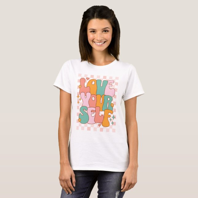 Älska Dig Själv Retro Groovy Rutigt T Shirt (Hel framsida)