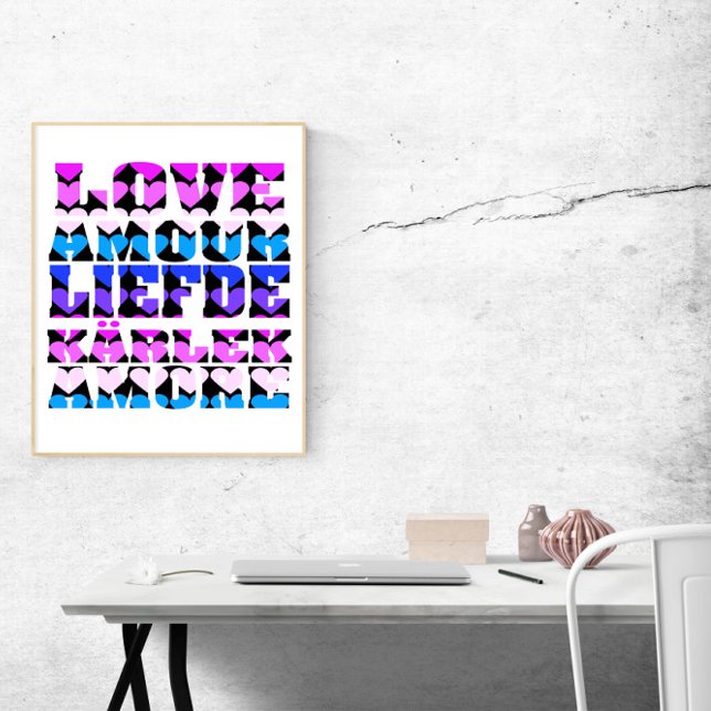 Älska Många Språk Hjärtan Rosa Lila Blå Svart Poster (A poster that says love in French, English, Dutch and more!)