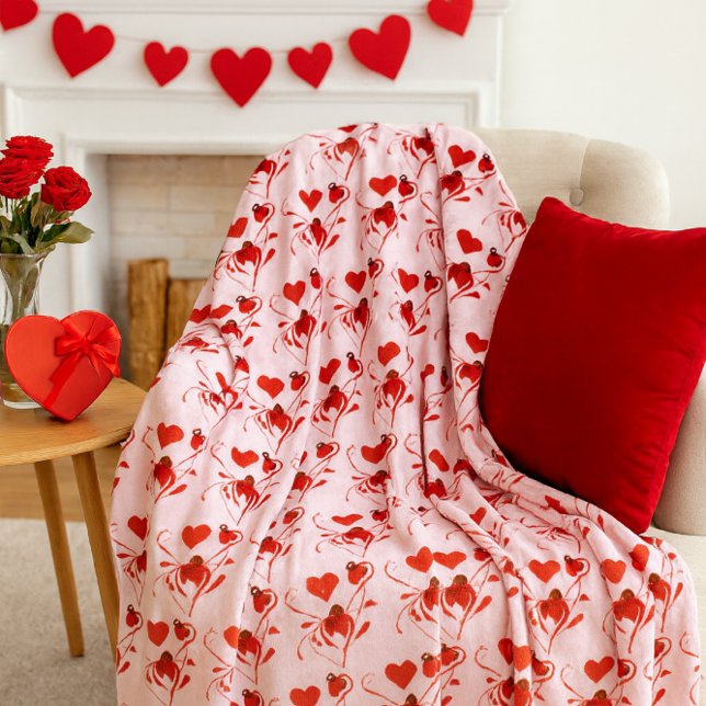 Älska röda hjärtan och nyckelpigor rosa  fleecefilt ( A cozy fleece blanket featuring romantic red hearts, perfect for Valentine's Day.)