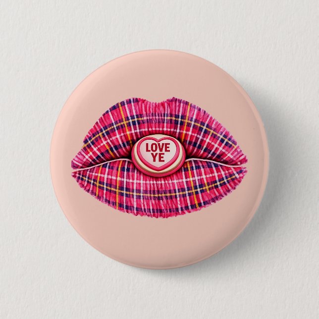 Älska skotsk Tartan Kyss Läppar Skottland rosa Knapp (Framsida)