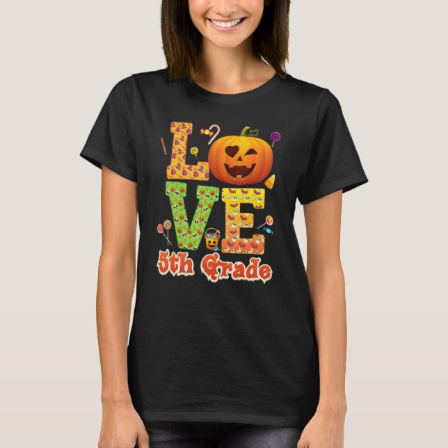 Älskar 5:e klass lärare Pumpa Halloween Söt Kan T Shirt (Framsida)